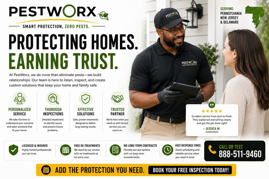 Why choose Pestworx: a Pestworx technician with a homeowner and service truck, highlighting protection for homes and families